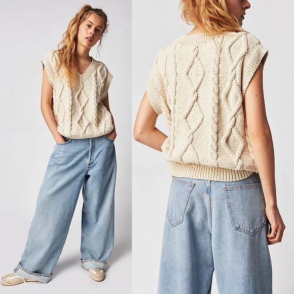 NWT Free People The Knotty Ones Alpaca Wool Laime Cable Knit Sweater Vest